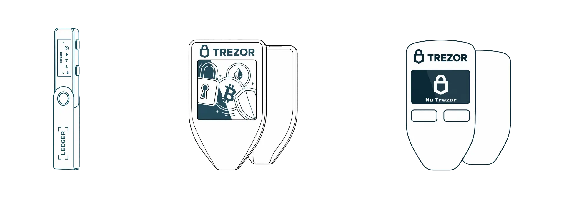 کیف پول های سخت افزاری Trezor One با Trezor T و Ledger Nano S Plus
