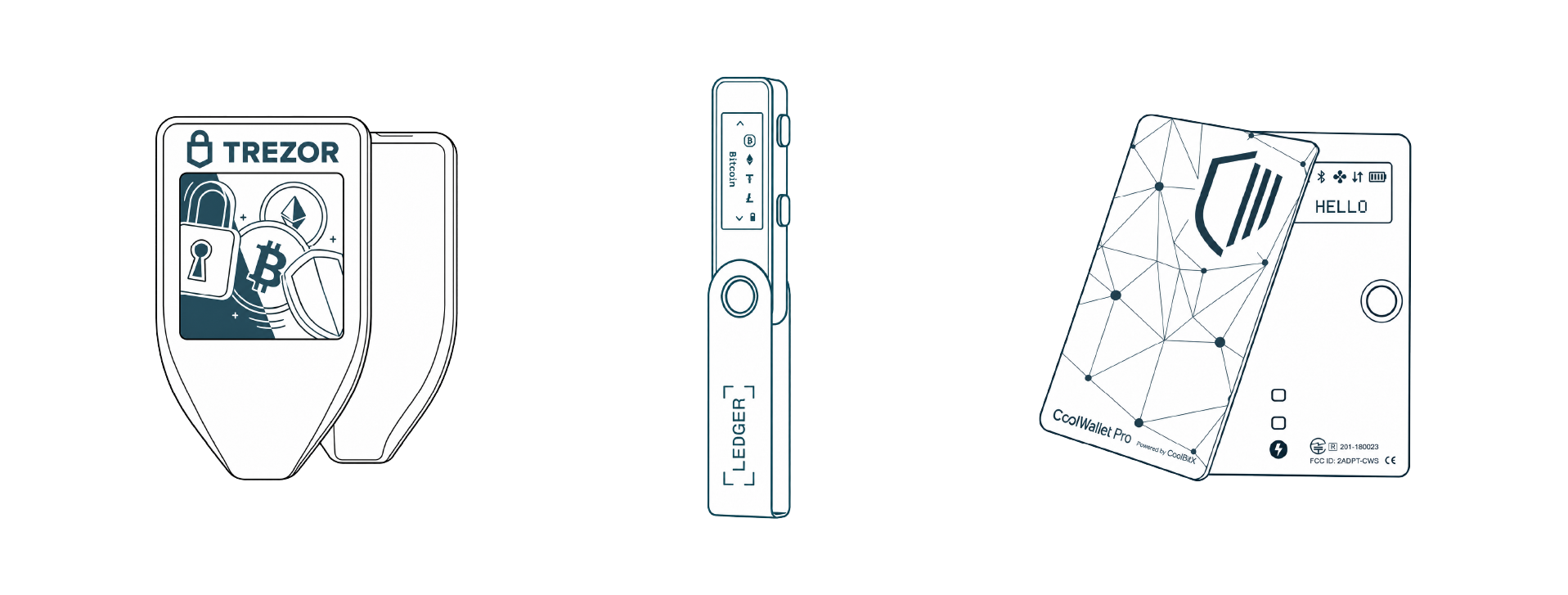 کیف پول سخت افزاری کول ولت اس CoolWallet S - کیف پول سخت افزاری لجر نانو اس پلاس Ledger Nano S Plus - کیف پول سخت افزاری ترزور مدل تی Trezor T
